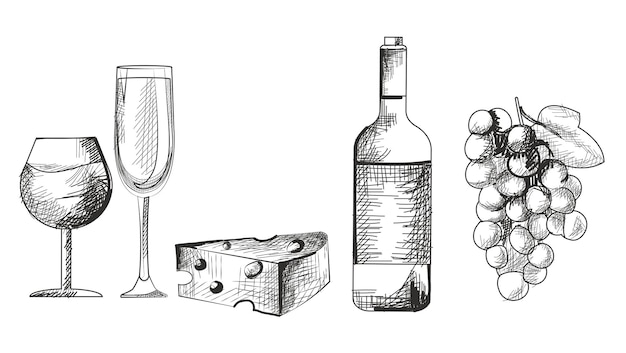 Vino monocromatico disegnato a mano su sfondo bianco bicchiere di vino pieno di vino formaggio e uva