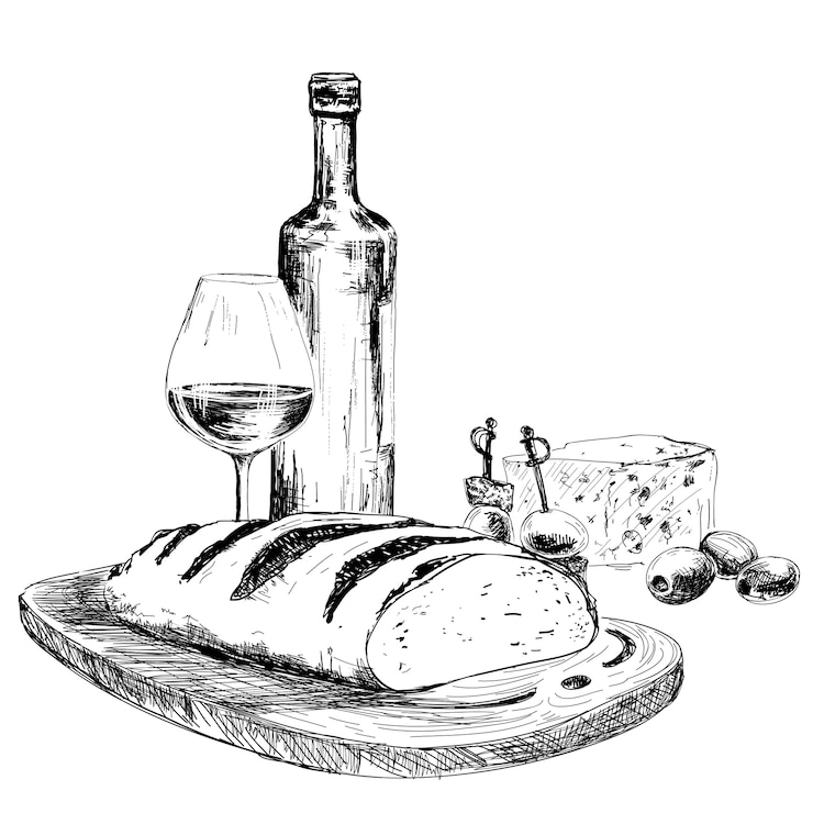 Vettore vino, pane e gorgonzola