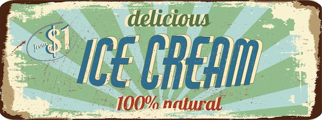 Vintage squallido banner pubblicitario leggermente arrugginito fresco naturale delizioso gelato illustrazione vettoriale