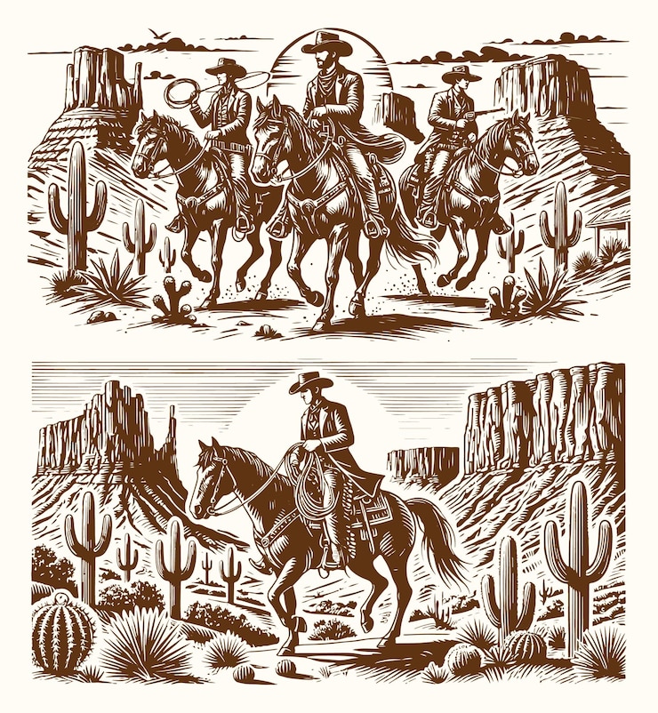 Vettore vintage western scene cowboys a cavallo attraverso il paesaggio del deserto