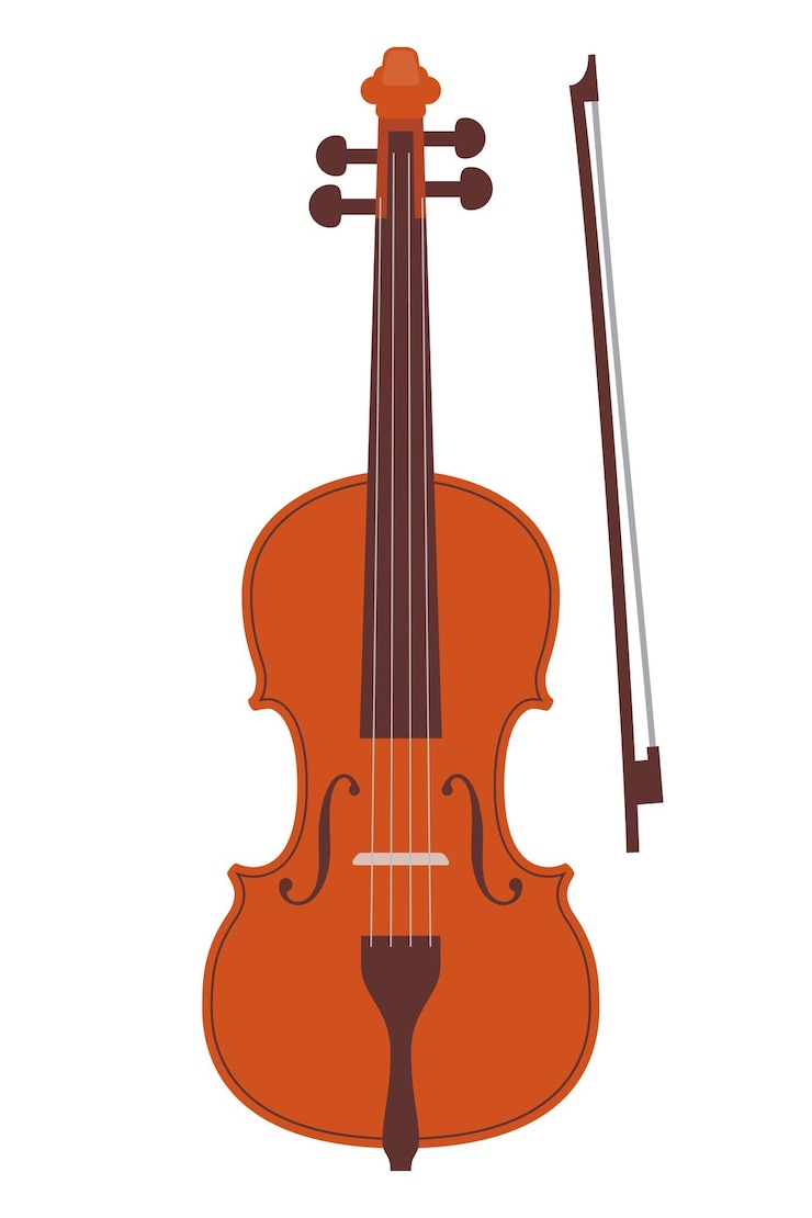 Violino classico e arco in stile piatto semplice isolati su bianco Violino orchestra realistico Illustrazione vettoriale dello strumento musicale vintage