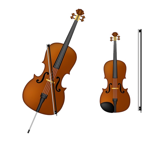 Violoncello, violino, vecchia tecnologia, design retrò realistico.