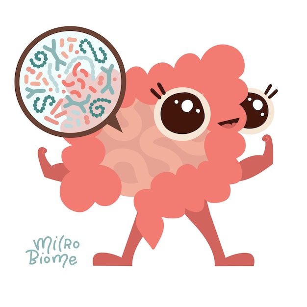Virus microscopici della microflora dei batteri buoni nell'illustrazione piatta del vettore del personaggio dei cartoni animati dell'intestino