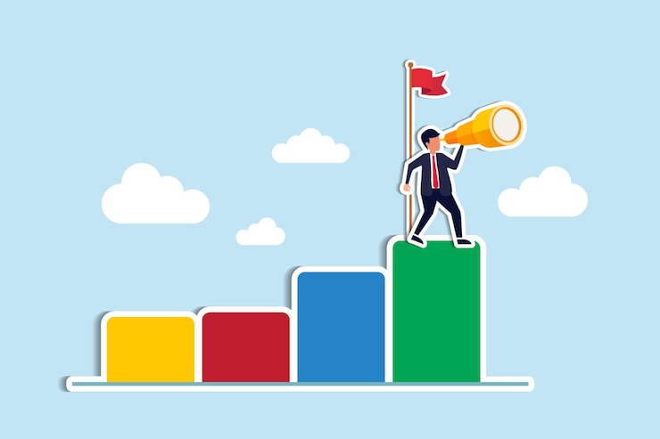 Vettore visione per vedere la previsione del successo della motivazione del prossimo obiettivo e la sfida della previsione aziendale per essere migliori