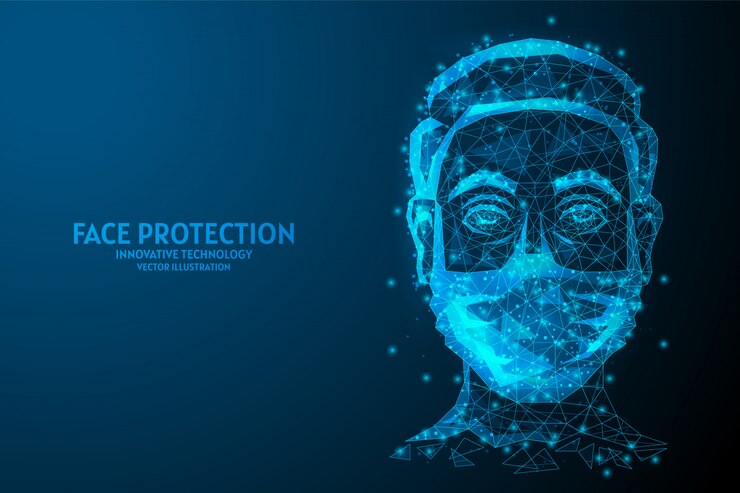 Vettore viso protetto da un primo piano maschera medica. infezione da coronavirus covid-19, inquinamento atmosferico, quarantena, tecnologia medica innovativa.