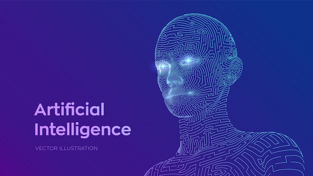 Viso umano digitale astratto wireframe. Testa umana nell'interpretazione robotica. Concetto di intelligenza artificiale.