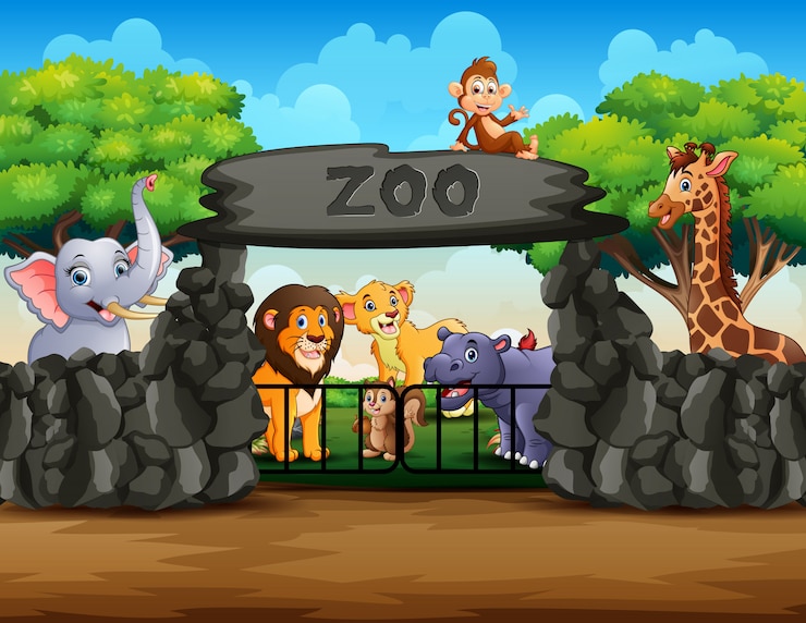 Vettore vista all'aperto dell'entrata dello zoo con differenti animali del fumetto