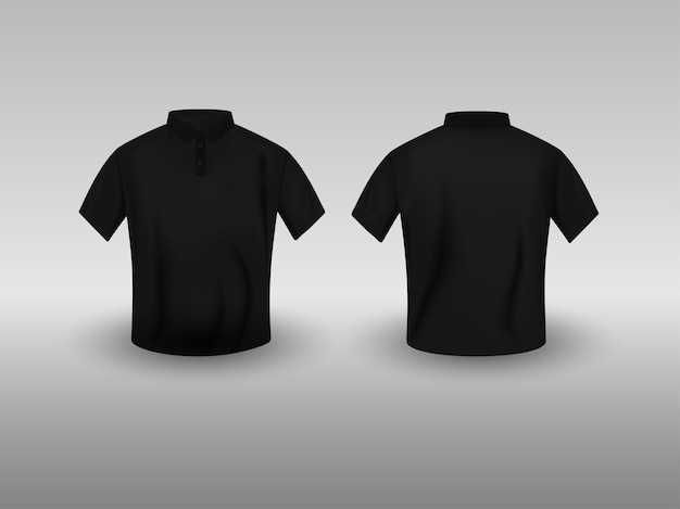 Vista anteriore e posteriore del modello di t-shirt Polo realistico nero su sfondo grigio.