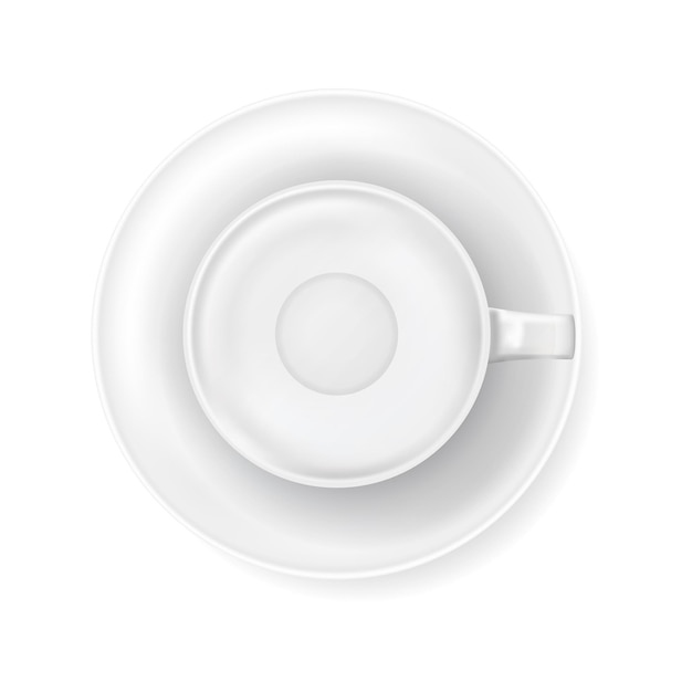 Vista dall'alto alla tazza di caffè vuota realistica bianca sull'illustrazione del piatto