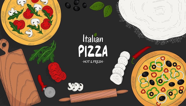 Vista dall'alto degli ingredienti della pizza italiana e degli articoli da cucina Modello di progettazione del menu alimentare