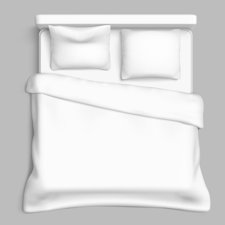 Vettore vista dall'alto del letto bianco. lenzuolo. cuscino. materasso interno. piumino dell'hotel 3d realistico vettore