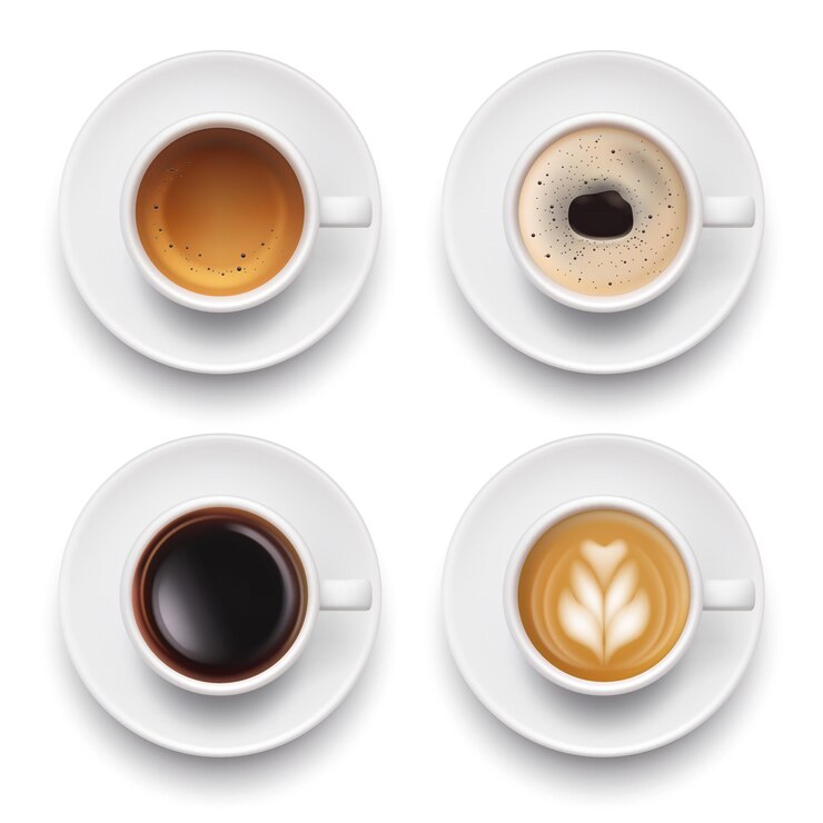 Vettore vista dall'alto della tazza di caffè bevande calde e deliziose con schiuma di caffè cappuccino espresso americano tazze vettoriali decenti collezione realistica isolata