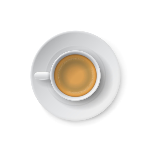Vista dall'alto di una tazza bianca realistica con bevanda al caffè e piattino Tazza in ceramica Bevanda calda con caffeina mattutina che serve stoviglie classiche con elemento del menu cappuccino per oggetto isolato vettore caffè
