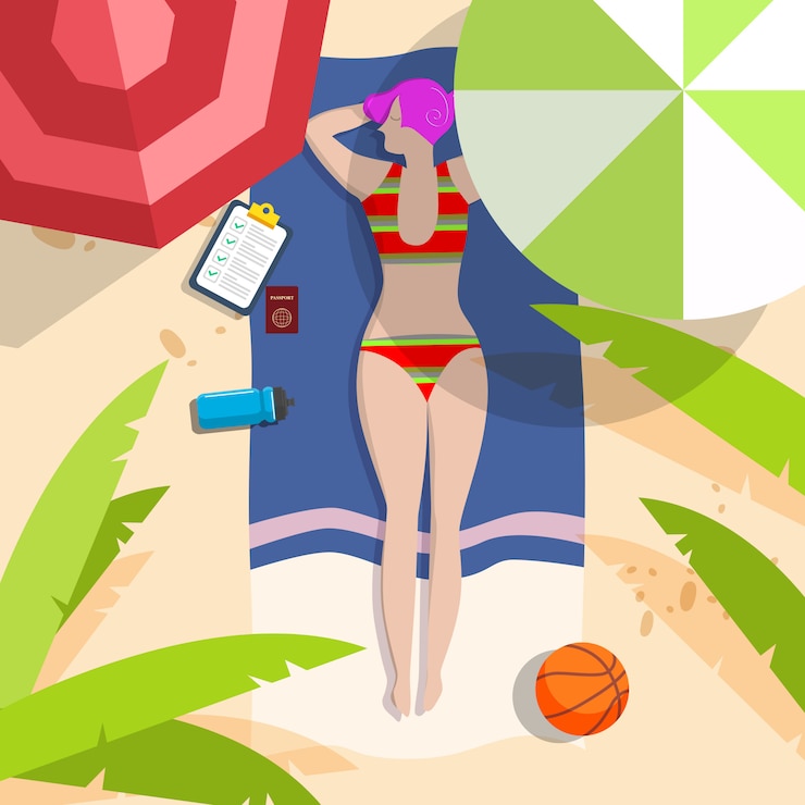 Vettore vista dall'alto, estate, poster di vacanze. le giovani donne si rilassano, si divertono sulla spiaggia.