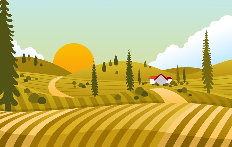 Vettore vista del tramonto in campagna con casa nel mezzo del campo verde