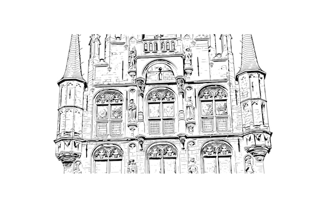 Vista dell'edificio con punto di riferimento di Gouda Illustrazione dello schizzo disegnato a mano nel vettore