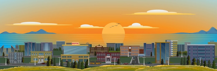Vettore vista della città portuale al tramonto