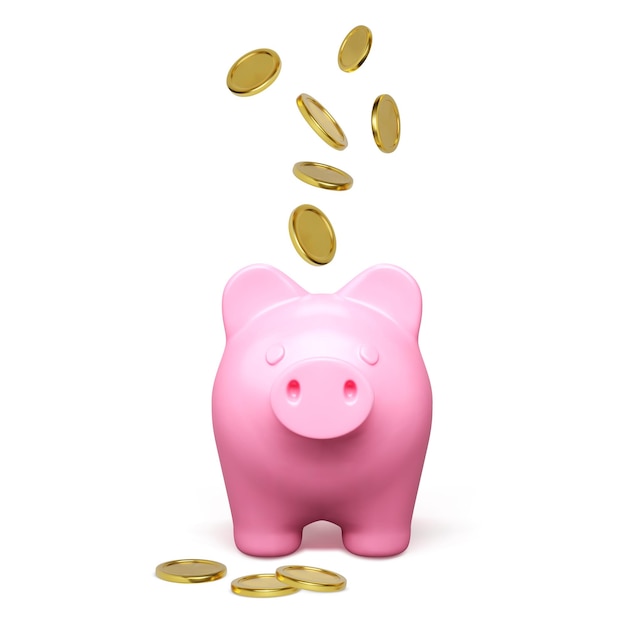 Vista frontale del salvadanaio rosa con moneta d'oro che cade Concetto di risparmio di denaro 3D realistico bel maiale Investimenti finanziari e concetto di business Illustrazione vettoriale