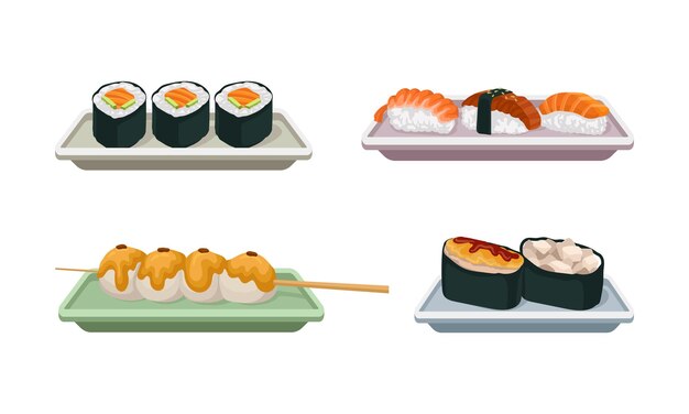 Vista laterale del piatto di sushi cinese Maki Vector Set servito su utensili speciali