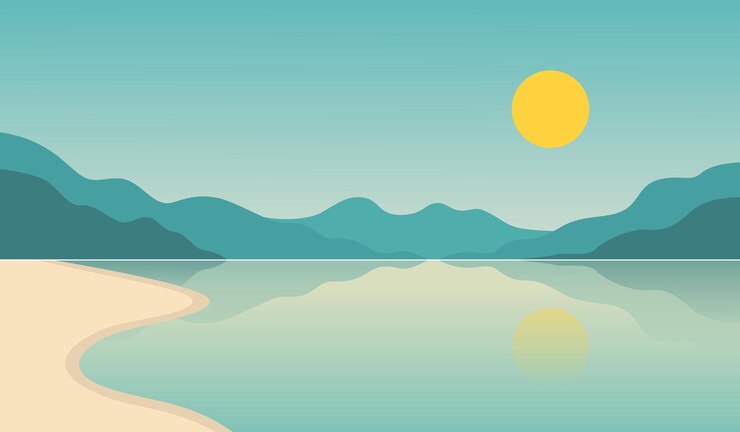 Vista panoramica di una spiaggia, un lago, montagne e sole