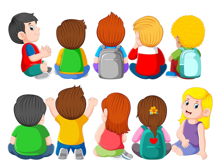 Vettore vista posteriore di un gruppo di simpatici bambini seduti