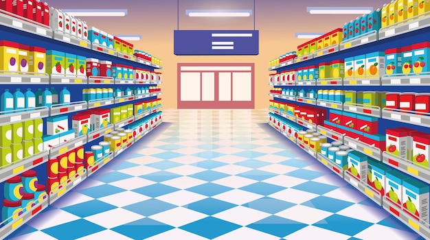 Vista prospettica del corridoio del supermercato Supermercato con scaffali colorati di merce