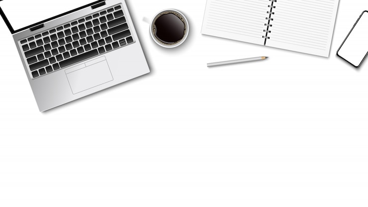 Vettore vista superiore del posto di lavoro moderno, matita della nota della carta del caffè del computer portatile sui precedenti bianchi