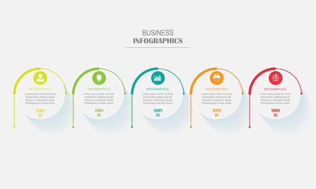 Visualizzazione dei dati aziendali. Grafico di processo. Elementi astratti di grafici, diagrammi con passaggi, opzione