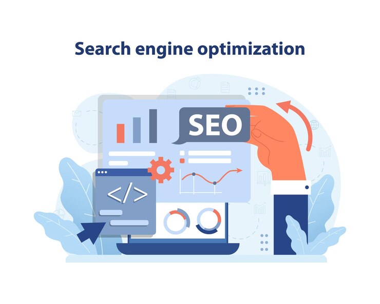 Vettore visualizzazione della strategia seo a mano perfeziona gli elementi seo su uno schermo migliorando la visibilità web e