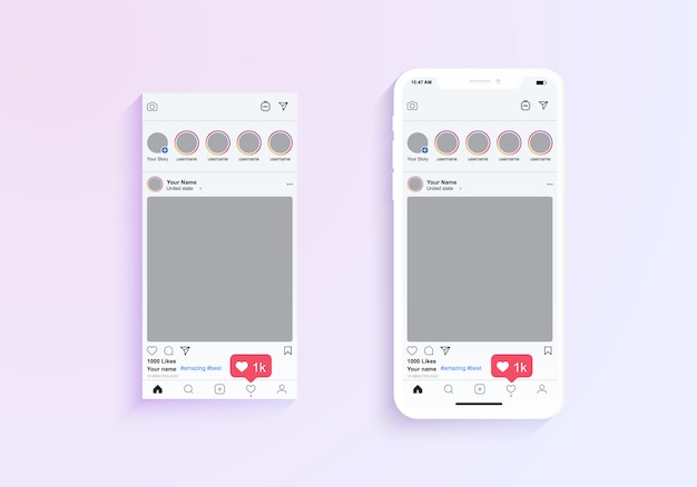 Visualizzazione di cornici per foto Instagram dell'applicazione mobile. Illustrazione dell'applicazione del telefono mobile con la struttura della foto e l'illustrazione di osservazioni