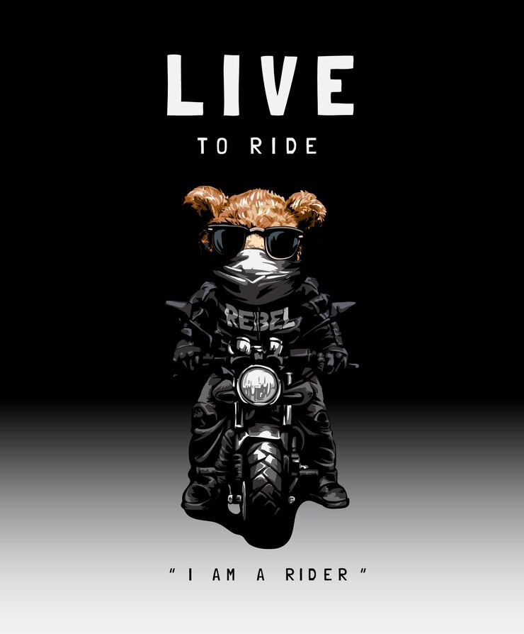 Vettore vivi per guidare lo slogan con il giocattolo dell'orso in maschera e occhiali da sole in sella all'illustrazione della motocicletta