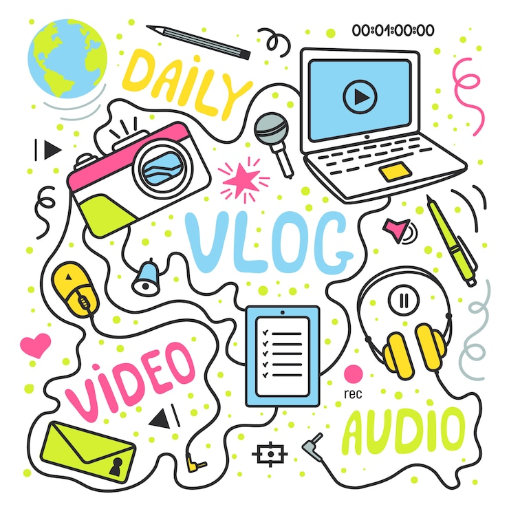Vettore vlog o video blogging o canale video impostato con elementi handdrawn. illustrazione vettoriale realizzato in stile doodle, design colorato.
