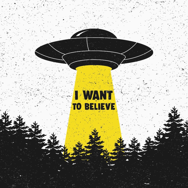 Vettore voglio credere agli ufo alieni nave spaziale ufo con luce gialla illustrazione vettoriale