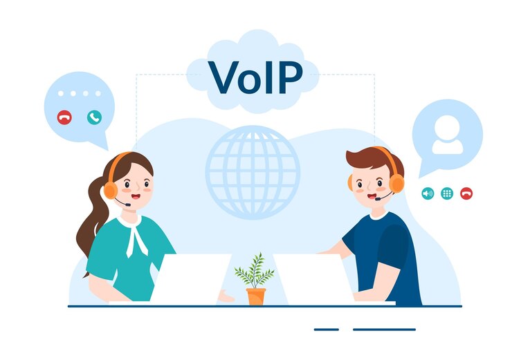 Vettore voip o voice over internet protocol con tecnologia dello schema di telefonia illustrazione disegnata a mano