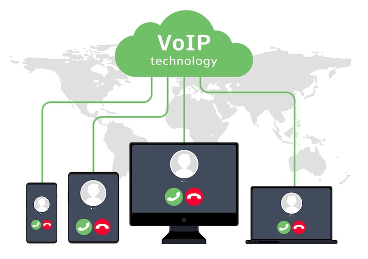 Vettore voip voice over ip illustrazione rete portatile per smartphone design piatto per chiamate voip