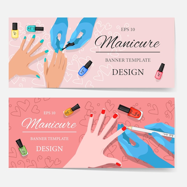 Volantini con manicure flatlay e prodotti cosmetici, modello per il testo. Stile cartone animato. Illustrazione vettoriale.