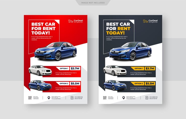 Vettore volantino a4 per promozioni di autonoleggio, volantini per la vendita di auto o volantini per la riparazione di automobili