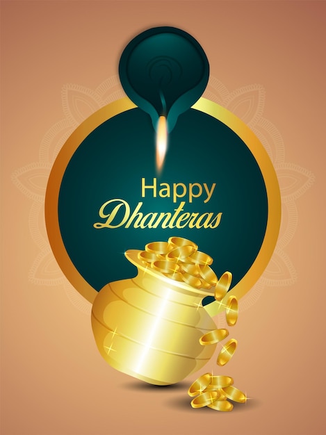 Volantino di celebrazione felice dhanteras con vaso di monete d'oro