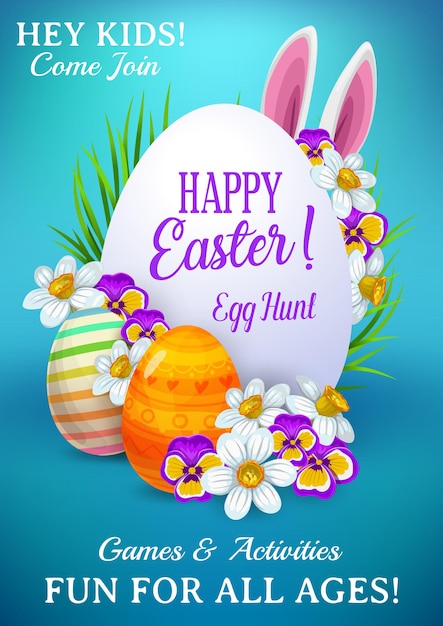 Volantino di vacanza di Pasqua con orecchie di coniglio simpatico cartone animato