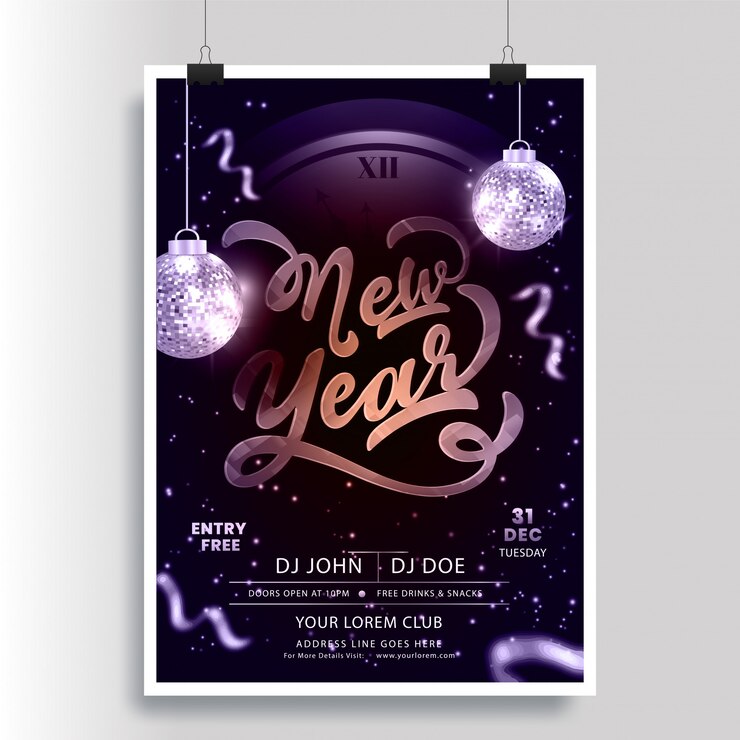 Vettore volantino festa di capodanno con orologio e pendenti sfere da discoteca lucide