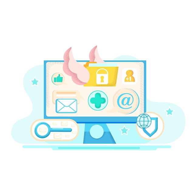 Volantino informativo invio email fumetto piatto.