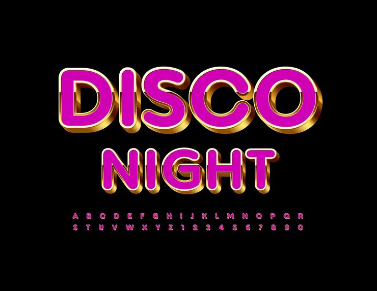 Vettore volantino luminoso disco night gold e pink 3d font chic alphabet letters and numbers
