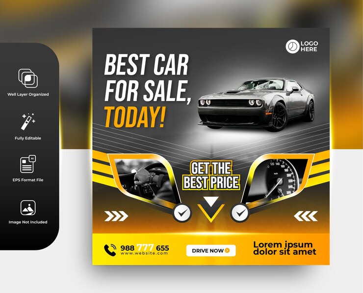 Vettore volantino o poster per la vendita di auto e il modello di promozione sui social media