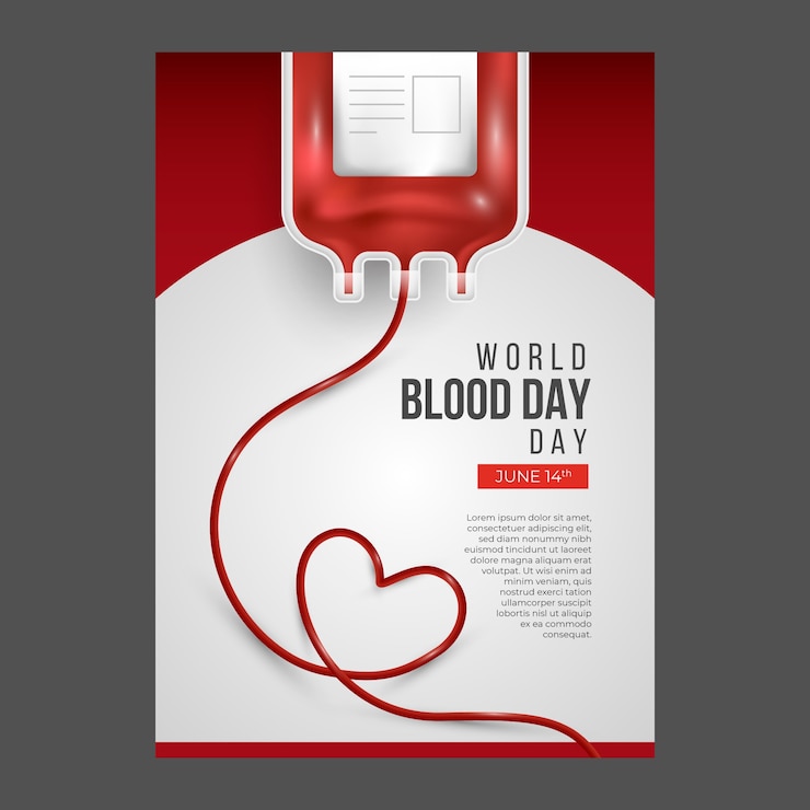 Vettore volantino o poster realistico per la giornata mondiale del donatore di sangue