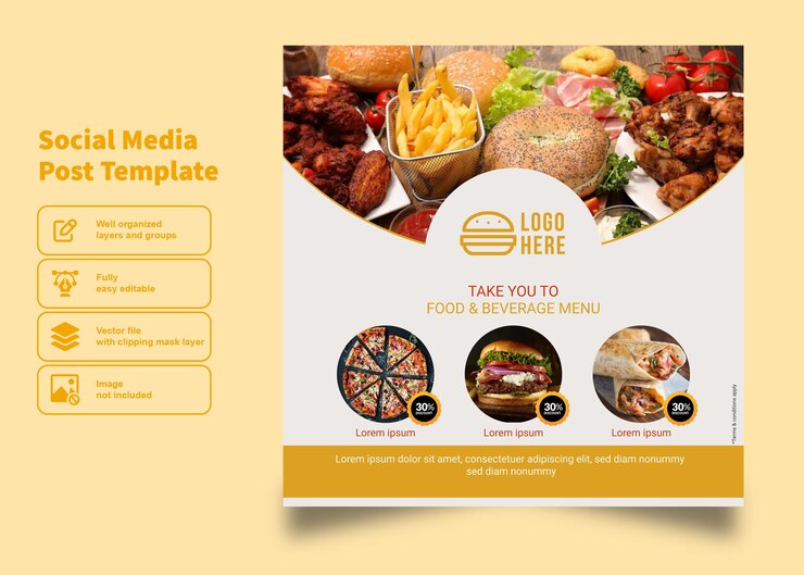 Vettore volantino per hamburger fast food e design del menu per il vettore premium del modello di post sui social media