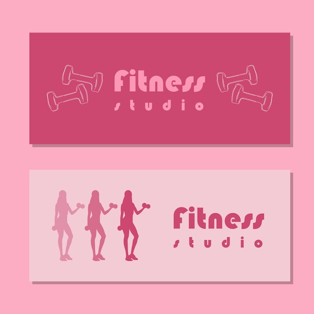 Volantino scuola fitness studio con silhouette di donne in abbigliamento sportivo in piedi e facendo un allenamento con manubri su sfondo rosa Illustrazione vettoriale