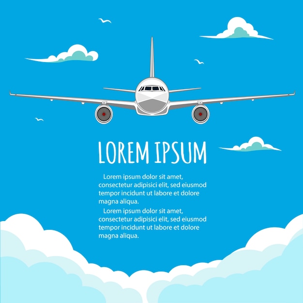 Voli commerciali in aeroplani. Voli turistici e d'affari. Aereo passeggeri. Spazio vuoto per il testo. Volantino. illustrazione. Sfondo blu