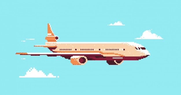 volo dell'aereo dell'aereo di arte del pixel in orizzontale di concetto di servizio di linea aerea di trasporto di passeggeri del cielo