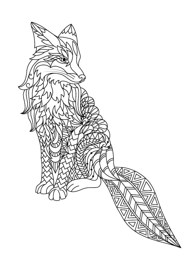 Vettore volpe seduta in stile zentangle schizzo disegnato a mano di vettore di una volpe con un ornamento libro da colorare antistress per adulti doodle line art elemento decorativo per tshirt emblema tatuaggio logo libro da colorare