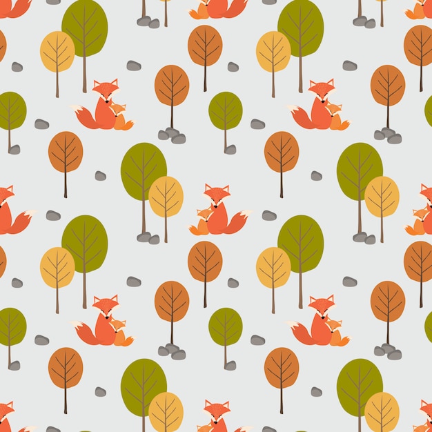 Volpe sveglia (mamma e suo figlio) nel modello senza cuciture della foresta di autunno.